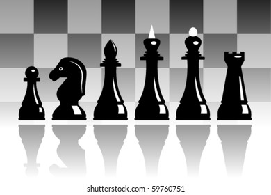 Set of black chess with reflection and chessboard behind