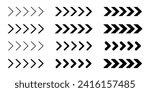 Set of black chevron arrows of different thickness. Ornament with repeated V shaped stripes. Pointer, road caution, military, navigation signs isolated on white background. Vector flat illustration