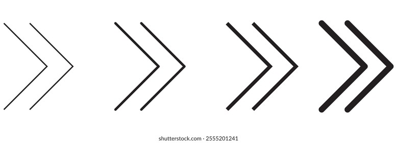 Set of black chevron arrows of different thickness. Ornament with repeated V shaped stripes. Pointer, road caution, military, navigation signs isolated on white background. Vector flat illustration