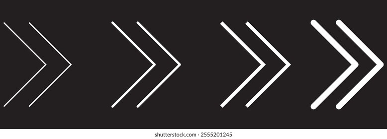 Set of black chevron arrows of different thickness. Ornament with repeated V shaped stripes. Pointer, road caution, military, navigation signs isolated on white background. Vector flat illustration