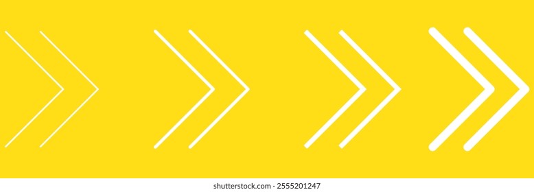 Set of black chevron arrows of different thickness. Ornament with repeated V shaped stripes. Pointer, road caution, military, navigation signs isolated on white background. Vector flat illustration