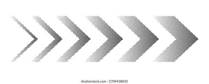 Conjunto de símbolos de flecha en forma de chevron negro con medio tono, ruido o textura granulada aislados sobre fondo blanco. Señales de movimiento, dirección o Descarga punteadas. Vector ilustración gráfica.