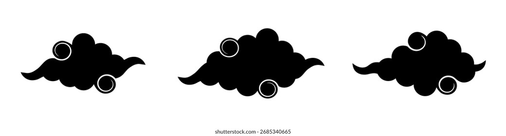 Schwarze chinesische Wolken. Eine Reihe asiatischer Cloud-Symbole. Verwirbelte japanische Wolken für Design. Vektorgrafik.