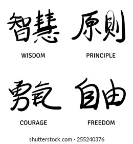 Set of black Chinese hieroglyphs isolated on white background. Meaning of hieroglyphs: 'Wisdom', 'Principle', 'Courage', 'Freedom'. Vector hand drawn illustration.