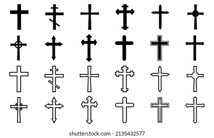 Set with black christian cross on white background. Collection cross symbol. Vector set.