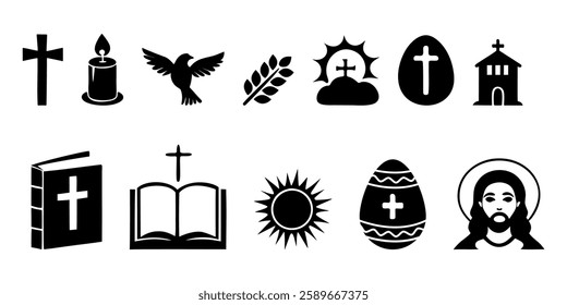 Set of black Christian religious icons, including cross, Bible, church, Easter egg, Jesus, and other faith-related symbols. For religious themes. Vector illustration isolated on white background.