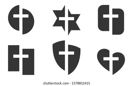 Set of black christian symbols isolated. Vector illustration. Different shapes of icons with Christian Cross symbol. Logo for Church