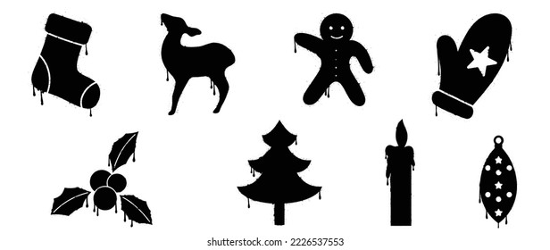 Set of black christmas elements spray paint vector. Graffiti, grunge, silhouette elements of sock, reindeer, holly isolated on white background. Design illustration for decoration, card, sticker.