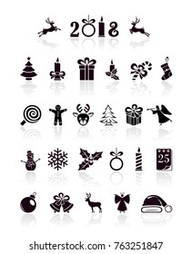 Set of black Christmas and New Years icons, isolated on white background, illustration.