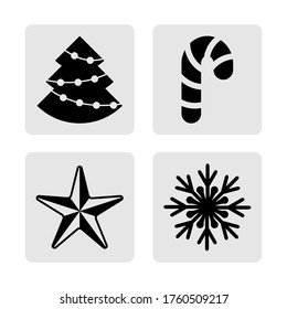 Ponga esténcil de navidad negra en gris. Iconos de la colección. Árbol de Navidad, estrella, copo de nieve y dulce. Ilustración del material vectorial. EPS 10