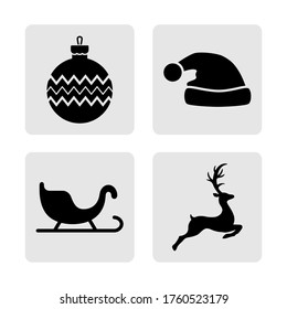 Set black christmas stencil on gray. Collection icons. Deers, christmas ball, siedge and cap. Vector stock illuctration. EPS 10