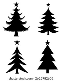 Set of Black Christmas Tree Shapes with Stars Vector