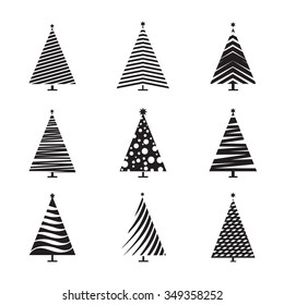 Set of Black Christmas Tree. Vector Illustration and Icons