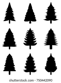 Set of black Christmas trees on a white background