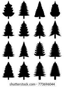 Set of black Christmas trees on a white background