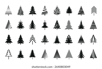 Set black Christmas Trees. Simplified and Synthetic Forest of Spruces and Firs. Icon collection. 