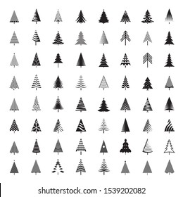 Set of black Christmas Trees. Winter season design elements and simple pictogram collection. Isolated vector xmas Icons and Illustration.