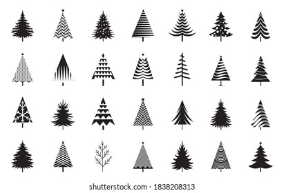 Un conjunto de árboles negros de Navidad. Elementos de diseño de la temporada invernal y simple colección de pictogramas. Iconos vectoriales aislados e Ilustración.