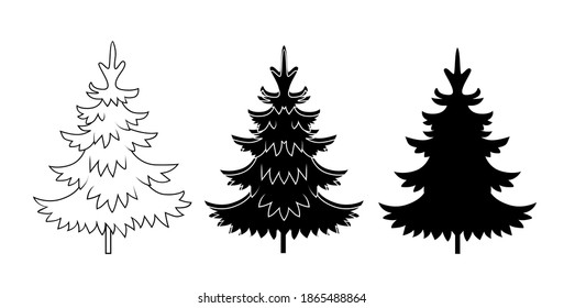 A set of black Christmas Trees. Winter season design elements and simply pictogram collection. Isolated vector Icons and Illustration.