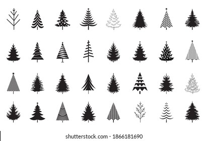 A set of black Christmas Trees. Winter season design elements and simply pictogram collection. Isolated vector xmas Icons and Illustration.