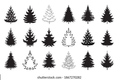 A set of black Christmas Trees. Winter season design elements and simply pictogram collection. Isolated vector xmas Icons and Illustration.