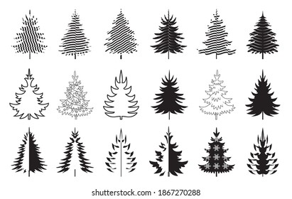 Eine Reihe von schwarzen Weihnachtsbäumen. Wintersaison Design Elemente und einfach Piktogrammkollektion. Isolierte Vektorgrafik-Symbole und Illustration.