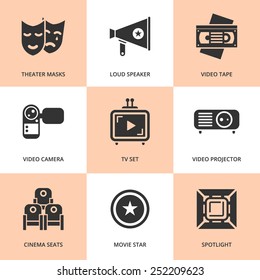 Set of black cinema movie icons. Vector cinema stuff in flat style.