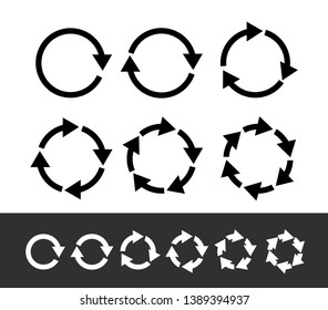 Set of black circle arrows. Modern mono solid plain flat minimal style. Vector Icons. Graphic for website. Isolated on white background.