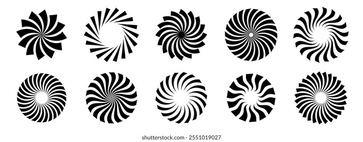 Set of black circle rotating rays and beams. Radial sunburst elements pack. Round spinning swirls, stars and twirls pack. Illustration bundle for banner, badge, sticker, poster. Vector