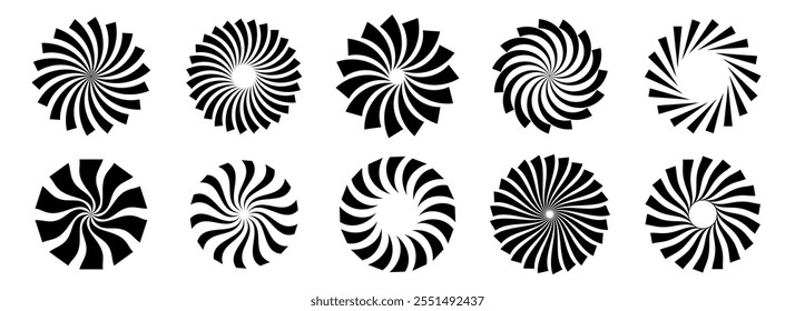 Set of black circle rotating rays and beams. Radial sunburst element pack. Round spinning swirls, stars and twirls pack. Illustration bundle for banner, badge, sticker, poster, logo. Vector