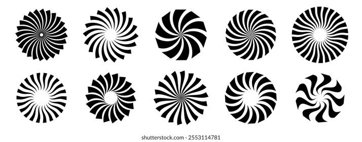 Set of black circle rotating rays and beams. Radial sunburst element pack. Round spinning swirls, stars, wheels and twirls pack. Illustration bundle for banner, badge, sticker, poster, logo. Vector