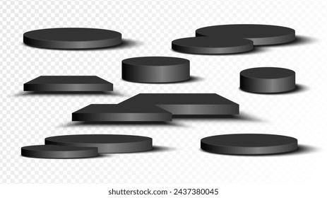 Set of black circle and square base. Collection of podium stand isolated on transparent background. Stage empty for product advertising, show, contest, award. Platform studio. Vector illustration.