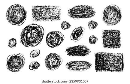 Set of black circle, square, oval, rectangle shapes in crayon texture on a white background. Grunge pencil scribbles in various sizes, circular crude crayon forms, doodle charcoal sketches.