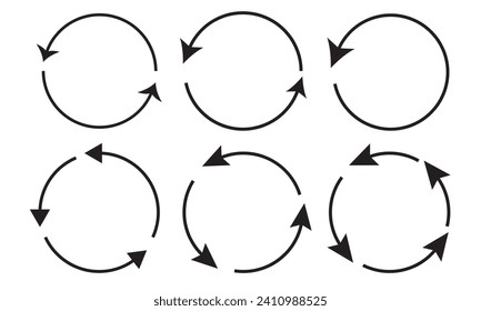 Set of black circle vector arrows. Round motion arrow symbol of recycling continuity and circulation. Vector selected icons on a white background.