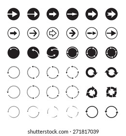 Set of black circle vector arrows. Round motion arrow symbol of recycling continuity and circulation. Vector selected icons on a white background.