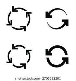 Conjunto de iconos de flecha circular negra que representan los conceptos de rotación, recarga, reciclaje, sincronización y proceso continuo. Este diseño de Vector minimalista cuenta con líneas limpias y Formas modernas