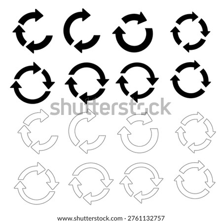 A set of black circular arrows indicating rotation, recycling, and directional flow, with some distressed or faded variations.