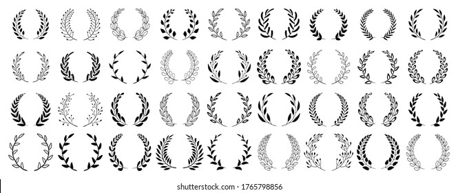 Set of black circular foliate laurels branches. Vintage laurel wreaths collection. Hand drawn vector laurel leaves decorative elements. Leaves, swirls, ornate, award, icon. Vector illustration.