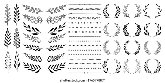 Set of black circular foliate laurels branches. Vintage laurel wreaths collection. Hand drawn vector laurel leaves decorative elements. Leaves, swirls, ornate, award, icon. Vector illustration.