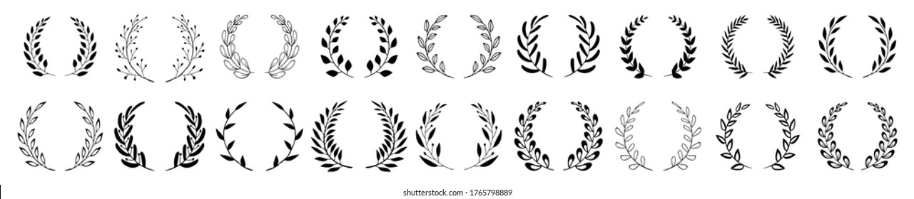 Conjunto de ramas de laureles foliados circulares negras. Colección de coronas de laurel vintage. El laurel vector dibujado a mano deja elementos decorativos. Hojas, remolinos, ornadas, premios, ícono. Ilustración vectorial.