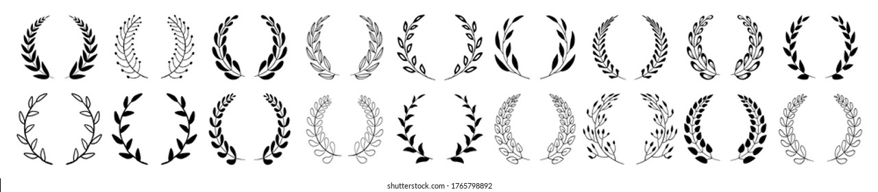 Conjunto de ramas de laureles foliados circulares negras. Colección de coronas de laurel vintage. El laurel vector dibujado a mano deja elementos decorativos. Hojas, remolinos, ornadas, premios, ícono. Ilustración vectorial.