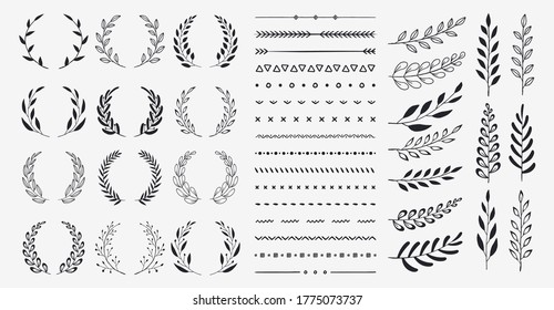 Set of black circular foliate laurels branches. Vintage laurel wreaths collection. Hand drawn vector laurel leaves decorative elements. Leaves, swirls, ornate, award, icon. Vector illustration.