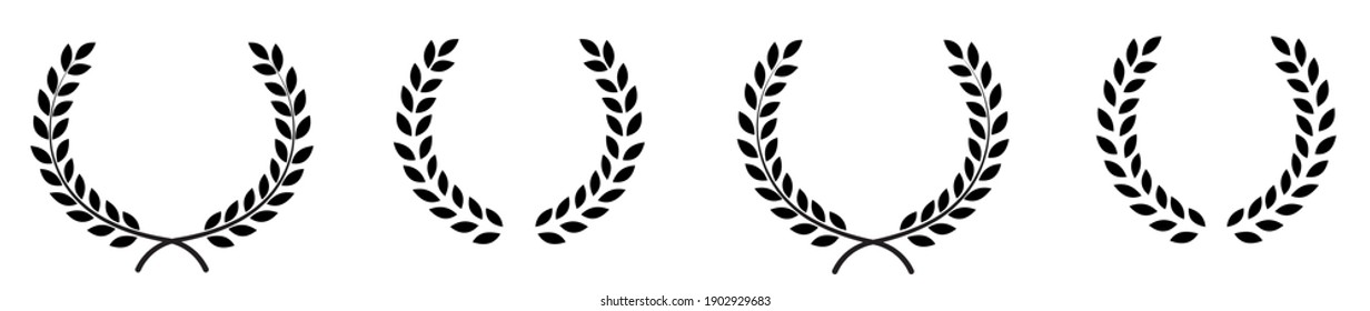 Set of black circular foliate laurels branches.Laurel wreath.Silhouette laurel wreath.Vintage laurel wreaths collection. Heraldic trophy crest, Greek and Roman olive branch award, winner round emblem.