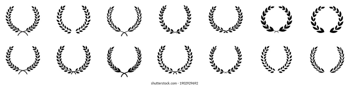 Set of black circular foliate laurels branches.Laurel wreath.Silhouette laurel wreath.Vintage laurel wreaths collection. Heraldic trophy crest, Greek and Roman olive branch award, winner round emblem.