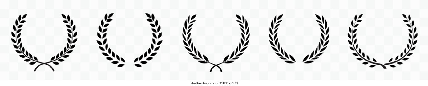 Set of black circular foliate laurels branches.Laurel wreath.Silhouette laurel wreath. Heraldic trophy crest, Greek and Roman olive branch award, winner round emblem. Vector black laurels set
