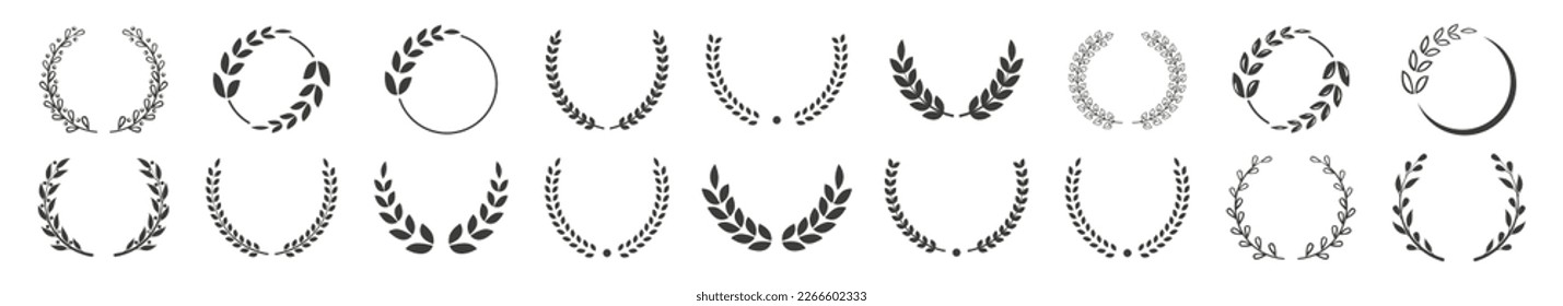 Set of black circular foliate laurels branches. Laurel wreaths icons collection. Vector isolated illustration. Award winner champion.