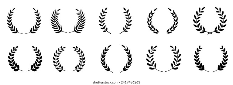 Set of black circular foliate laurels branches. Vector black laurels set. Emblem floral greek branch flat style