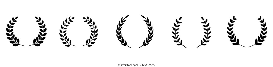 Set of black circular foliate laurels branches. Vector black laurels set. Emblem floral greek branch flat style