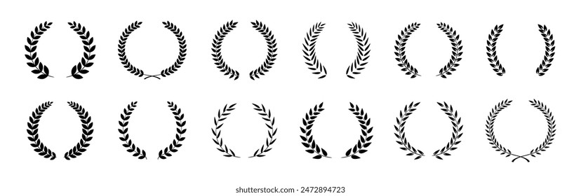 Set of black circular foliate laurels branches. Laurel wreath. Silhouette vintage laurel wreaths collection. Heraldic trophy crest. Greek olive branch award, winner round emblem