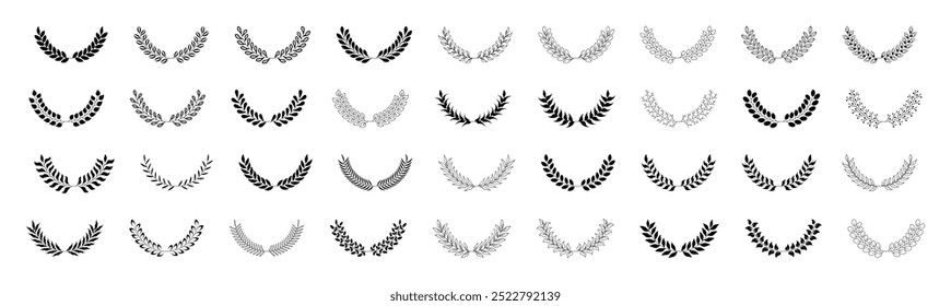 Set of black circular foliate laurels branches on transparent background. Laurel wreath. Silhouette vintage laurel wreaths collection. Heraldic trophy crest. Greek olive branch award, winner emblem